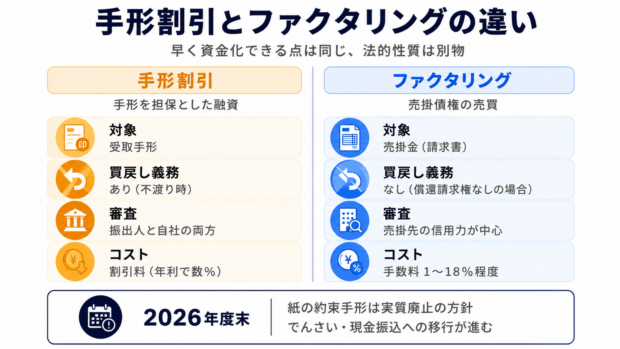 手形割引とファクタリングの対象・買戻し義務・審査・コストの比較