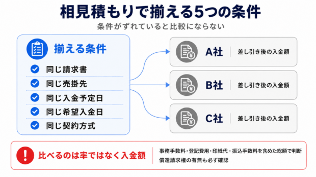 ファクタリングの相見積もりで揃える5つの条件